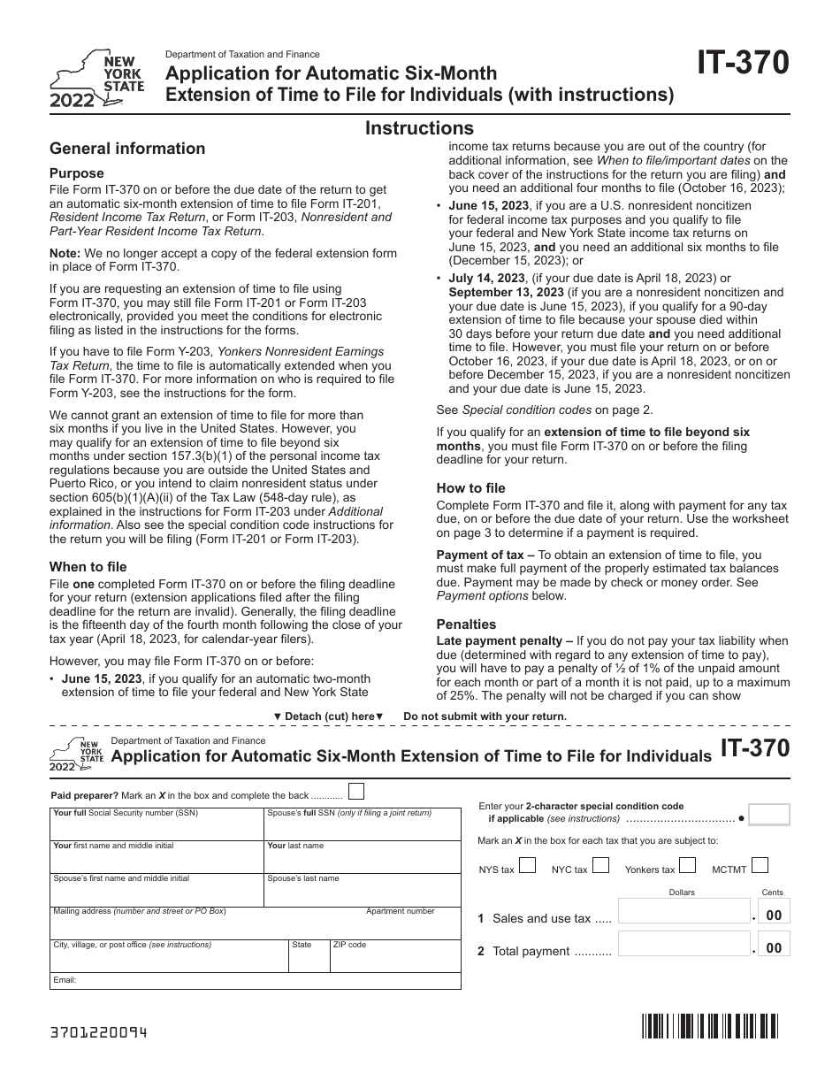 Form IT-370 Application for Automatic Six-Month Extension of Time to File for Individuals - New York, Page 1