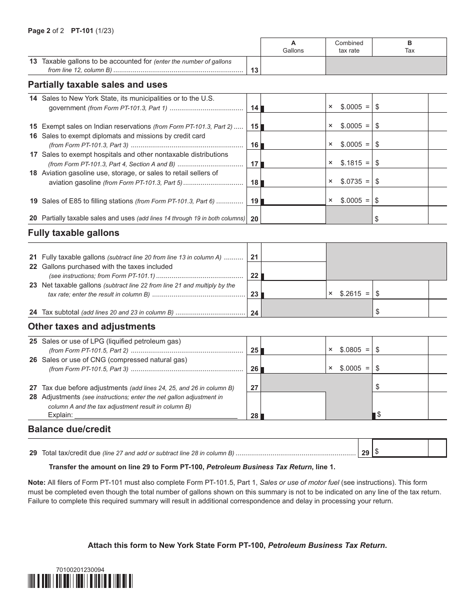 Form PT-101 Tax on Motor Fuel (Includes Aviation Gasoline) - New York, Page 2