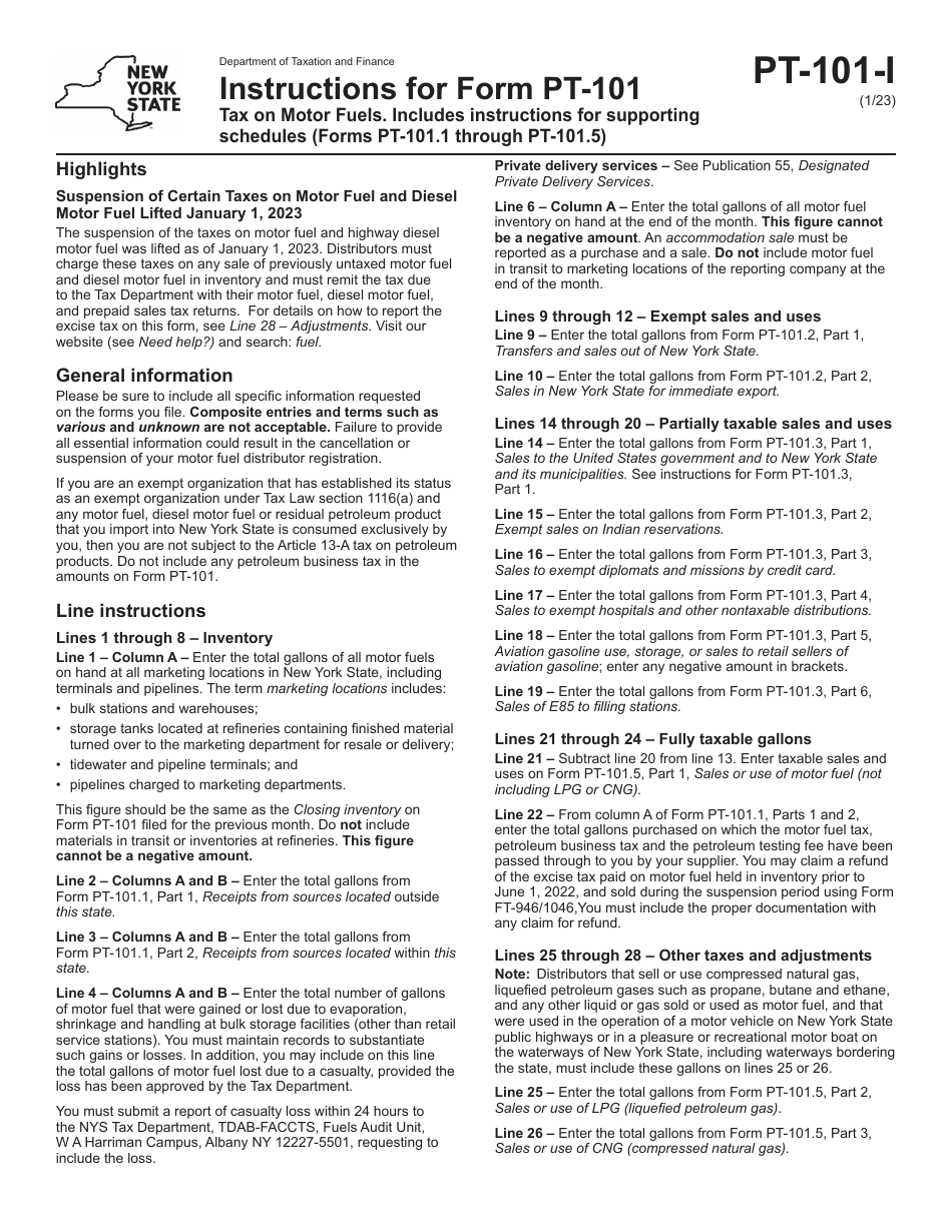 Instructions for Form PT-101 Tax on Motor Fuels - New York, Page 1