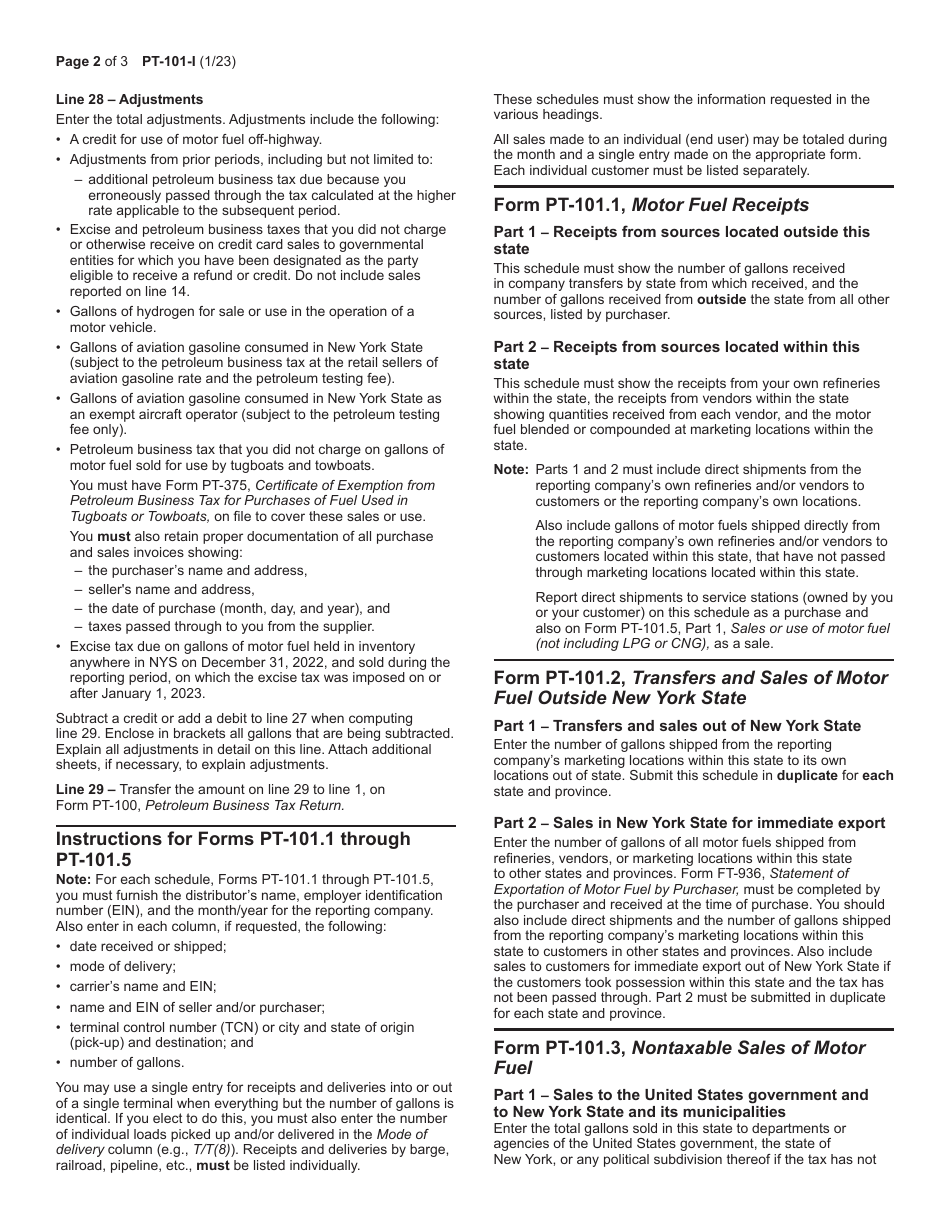 Instructions for Form PT-101 Tax on Motor Fuels - New York, Page 2