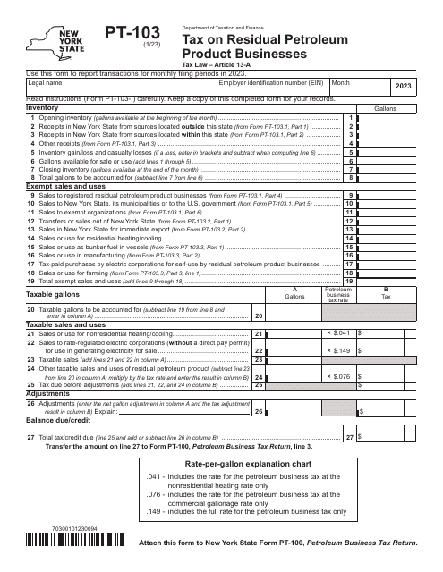 Form PT-103 Tax on Residual Petroleum Product Businesses - New York, 2023