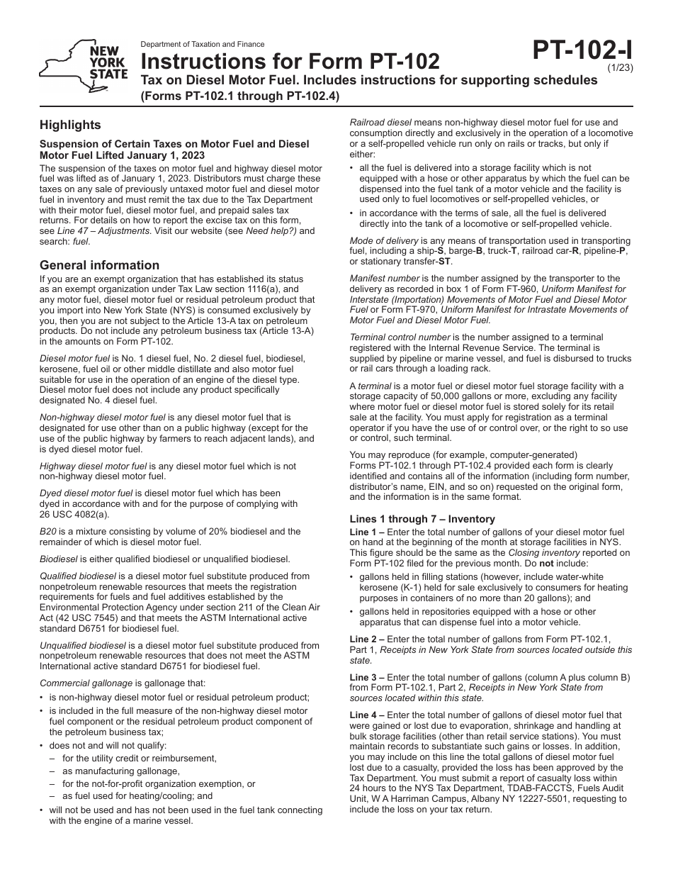 Instructions for Form PT-102 Tax on Diesel Motor Fuel - New York, Page 1