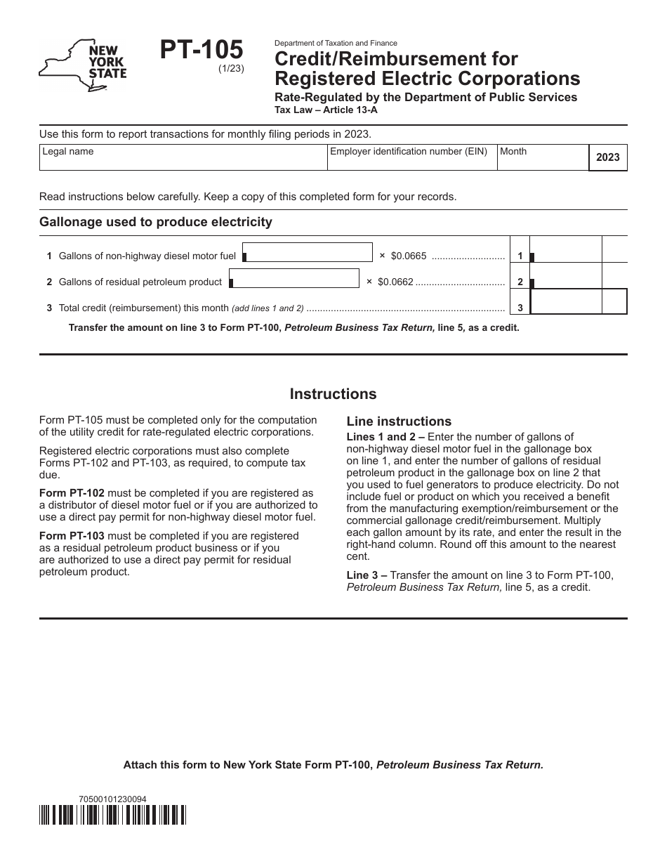 Form PT-105 Credit / Reimbursement for Registered Electric Corporations Rate-Regulated by the Department of Public Services - New York, Page 1