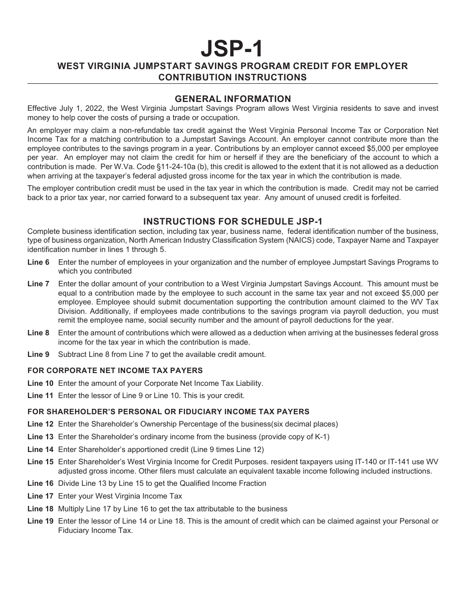 Schedule JSP-1 West Virginia Jumpstart Savings Program Credit for Employer Contribution - West Virginia, Page 2