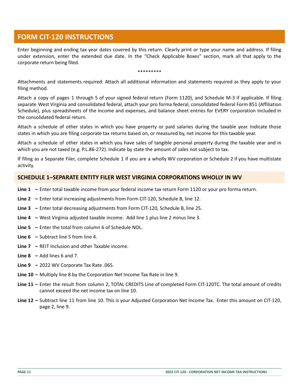 Instructions for Form CIT-120 West Virginia Corporation Net Income Tax Return - West Virginia, Page 11