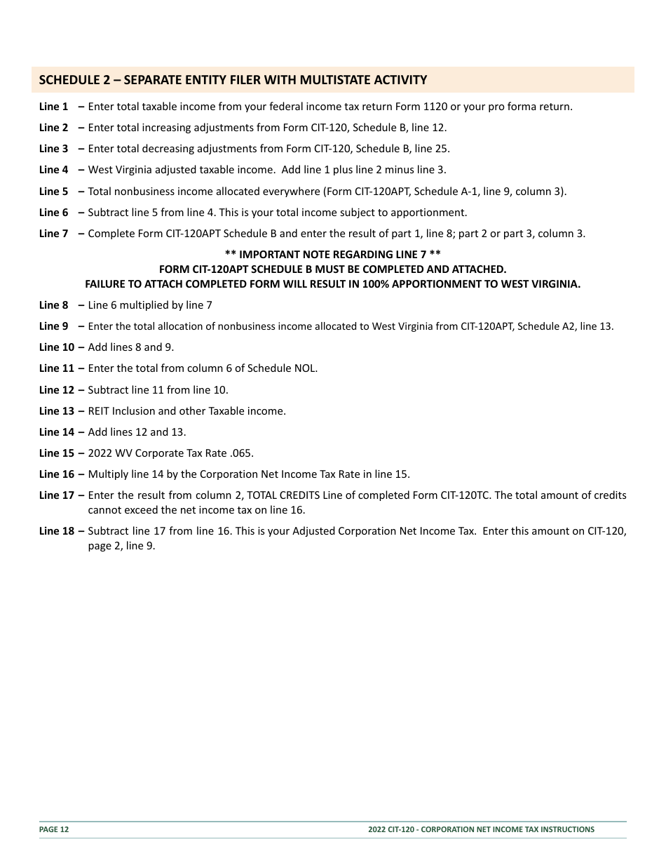 Instructions for Form CIT-120 West Virginia Corporation Net Income Tax Return - West Virginia, Page 12
