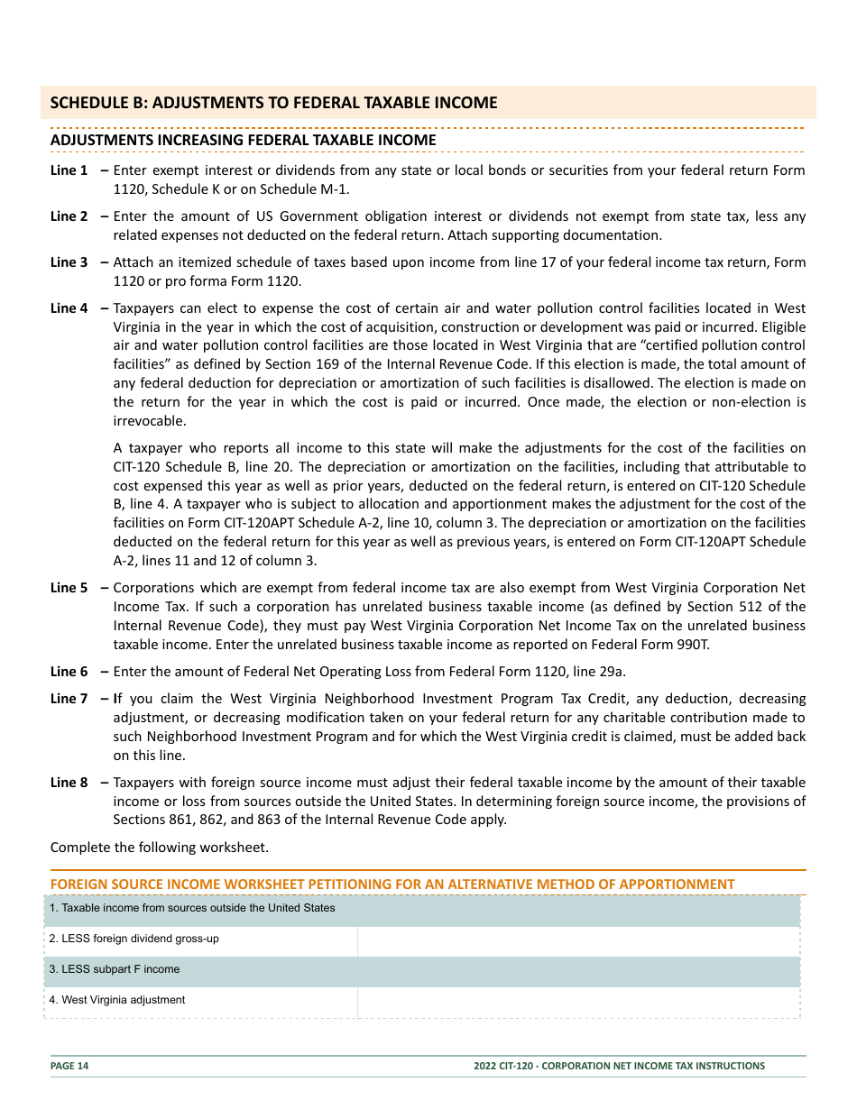 Instructions for Form CIT-120 West Virginia Corporation Net Income Tax Return - West Virginia, Page 14