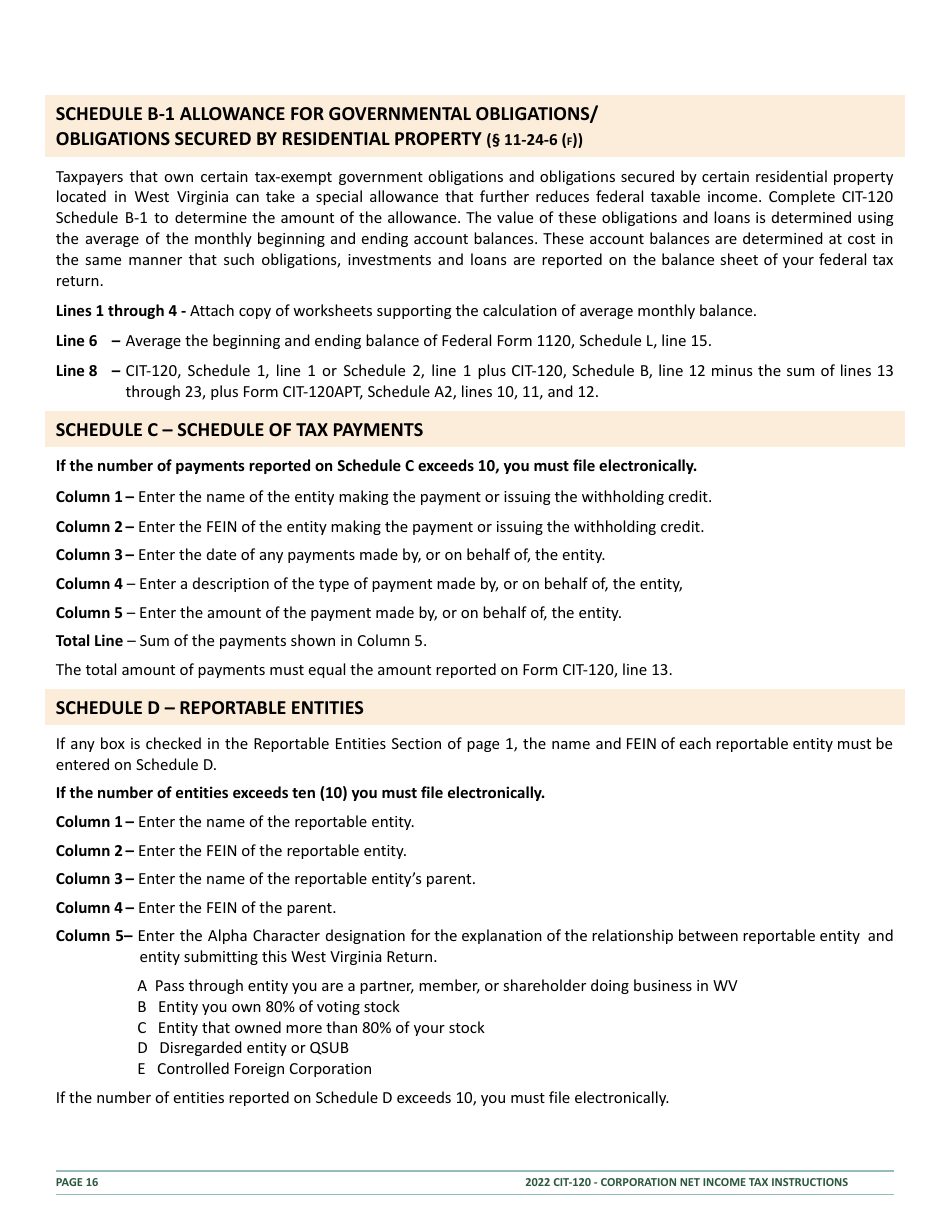 Instructions for Form CIT-120 West Virginia Corporation Net Income Tax Return - West Virginia, Page 16