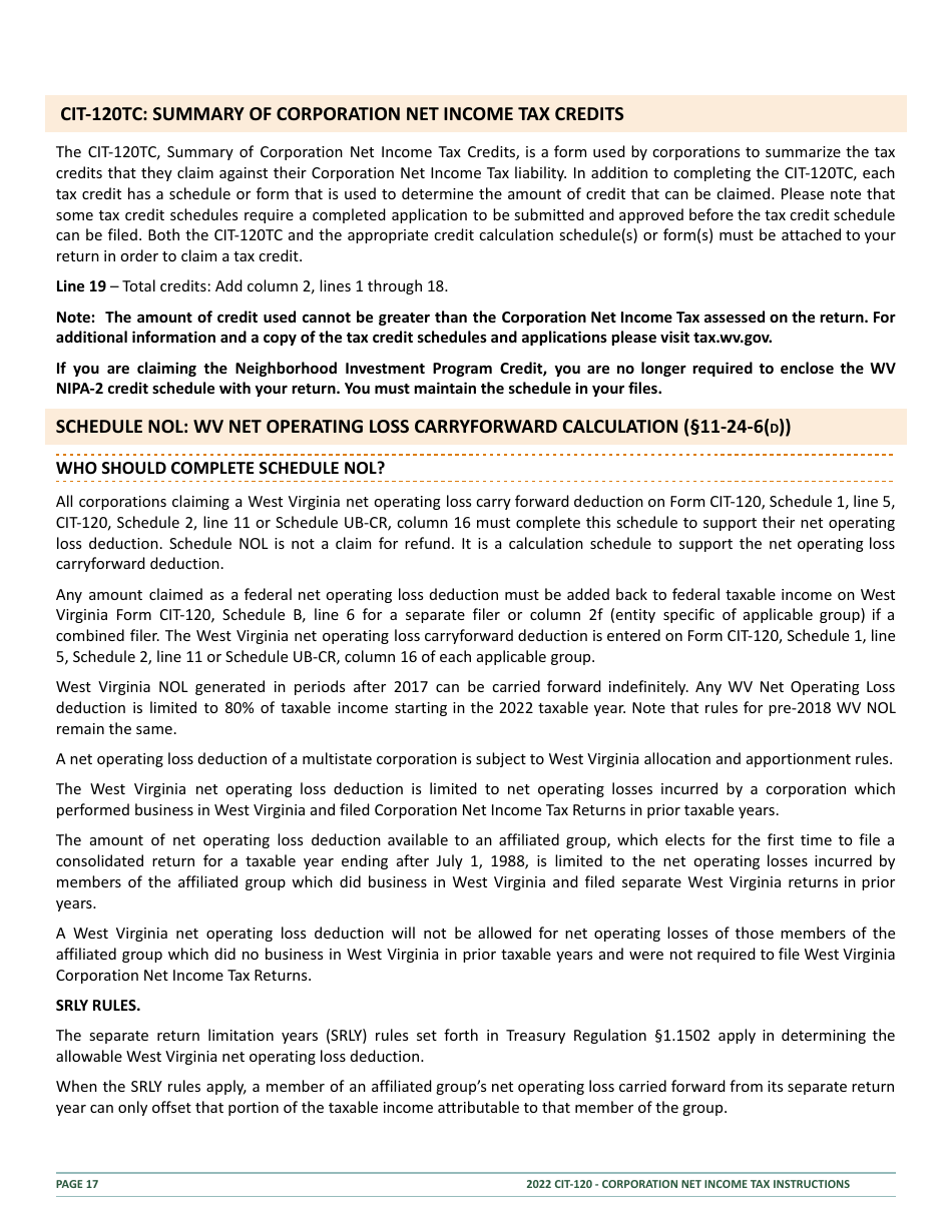 Instructions for Form CIT-120 West Virginia Corporation Net Income Tax Return - West Virginia, Page 17