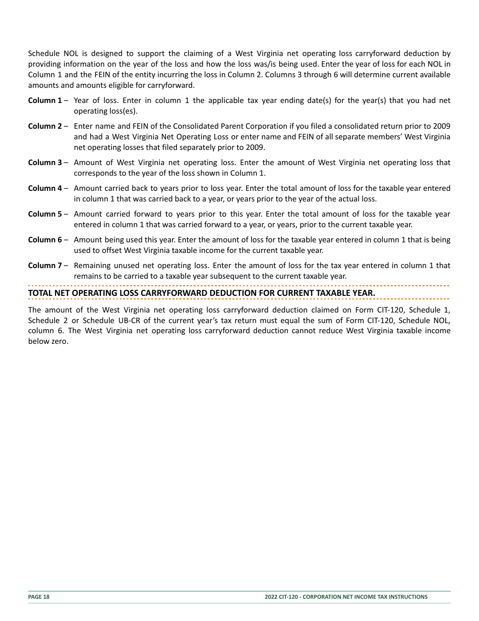 Instructions for Form CIT-120 West Virginia Corporation Net Income Tax Return - West Virginia, Page 18