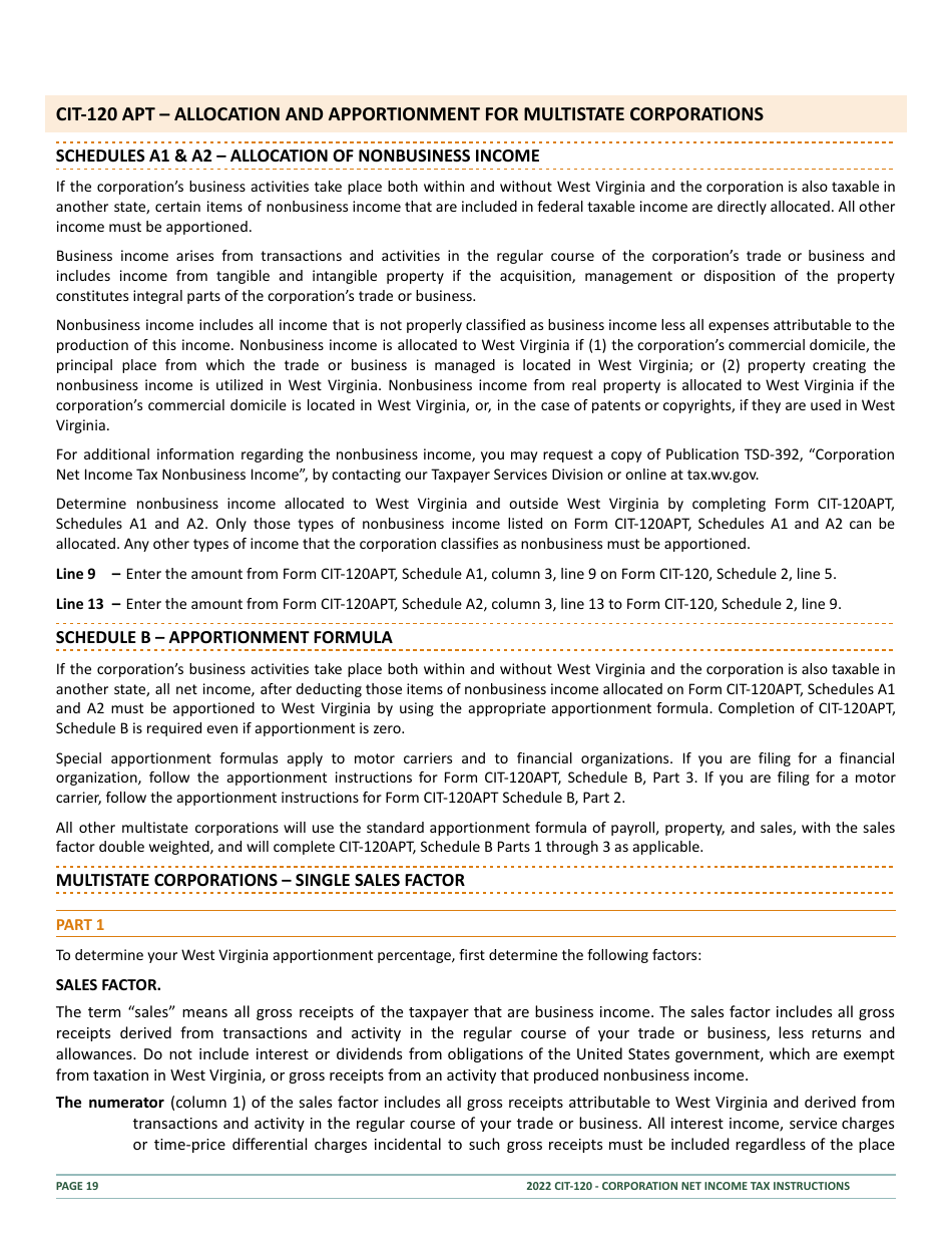Instructions for Form CIT-120 West Virginia Corporation Net Income Tax Return - West Virginia, Page 19