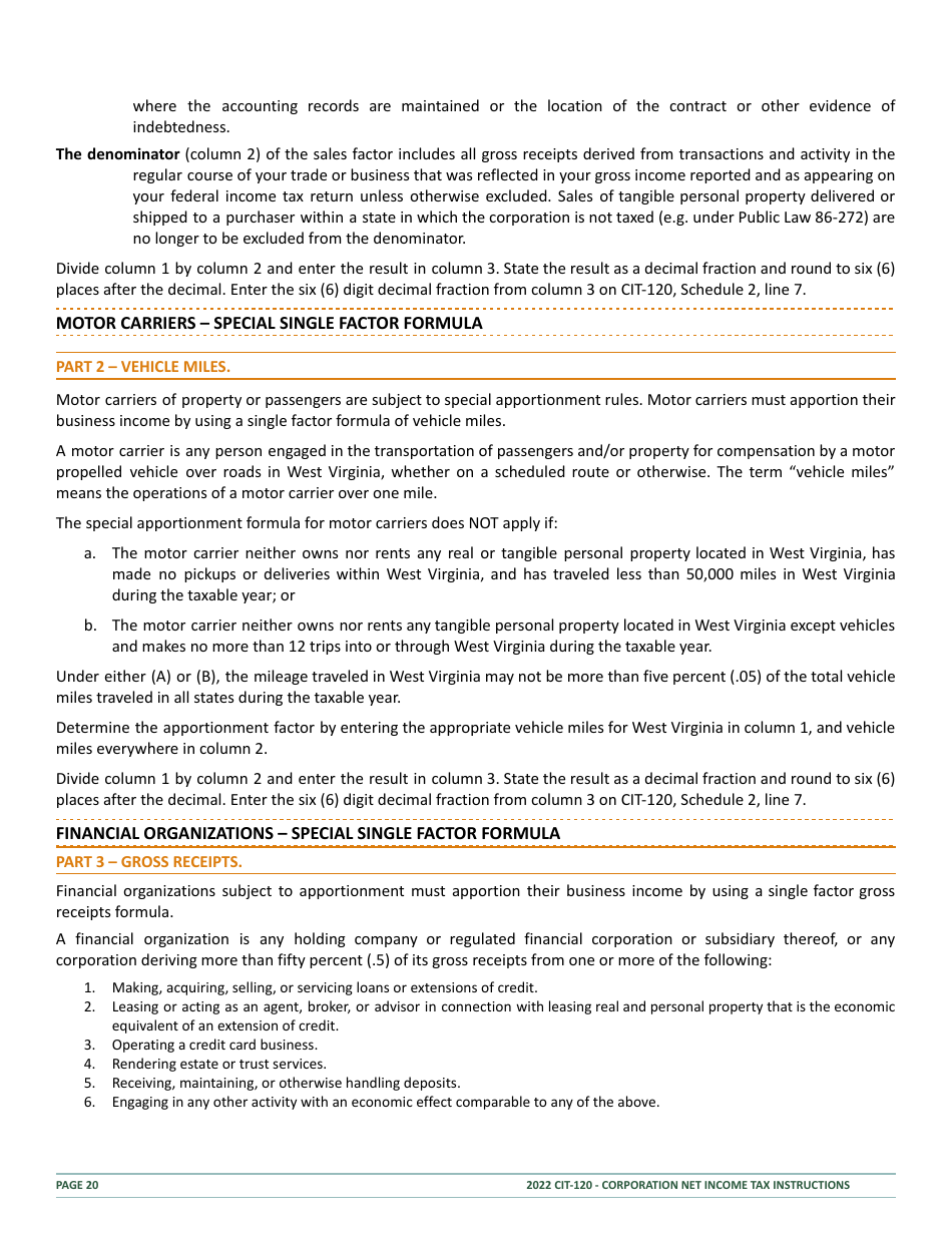 Instructions for Form CIT-120 West Virginia Corporation Net Income Tax Return - West Virginia, Page 20