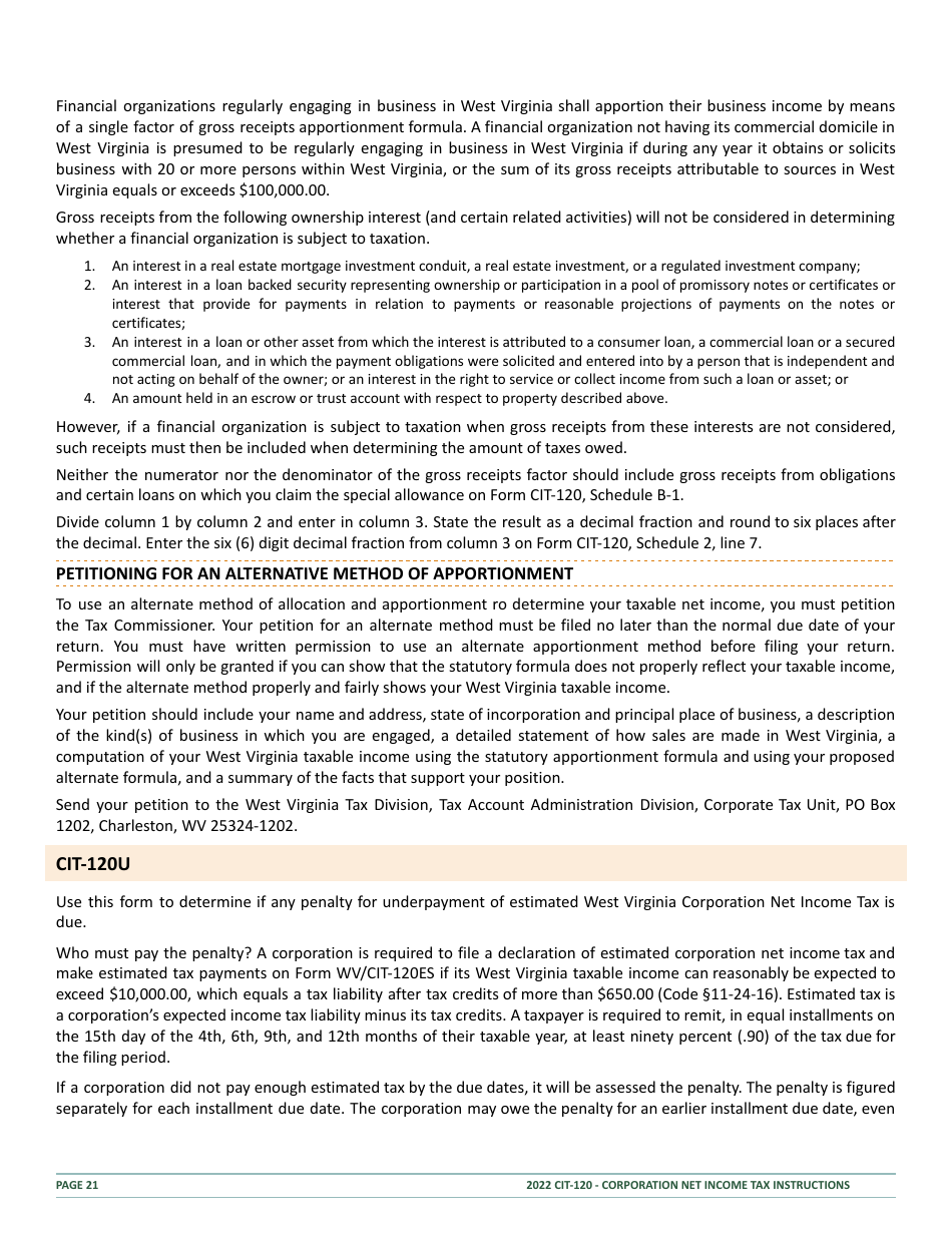 Instructions for Form CIT-120 West Virginia Corporation Net Income Tax Return - West Virginia, Page 21