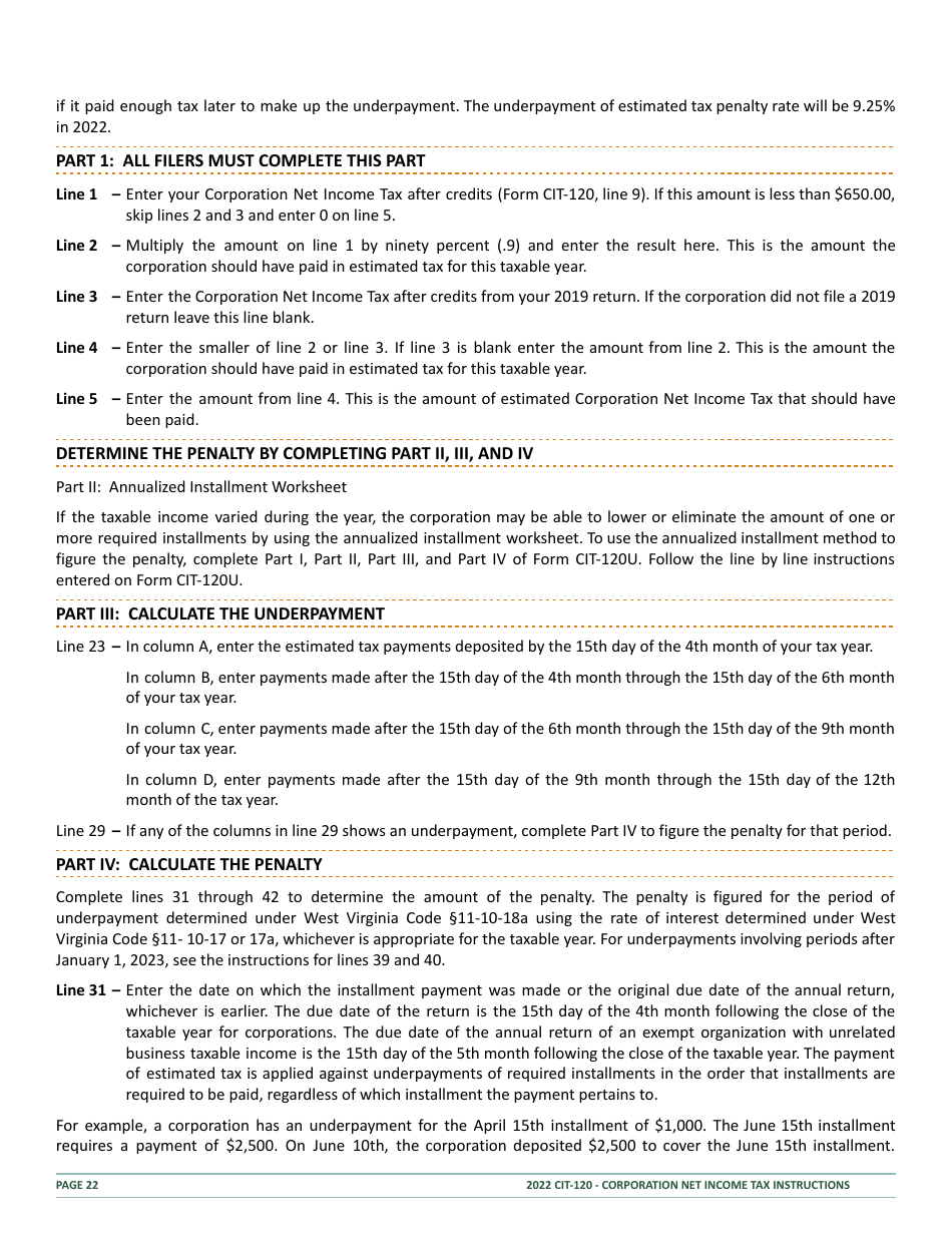 Instructions for Form CIT-120 West Virginia Corporation Net Income Tax Return - West Virginia, Page 22