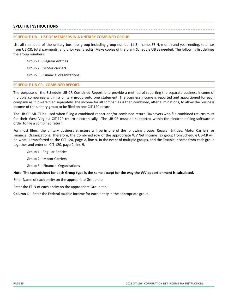 Instructions for Form CIT-120 West Virginia Corporation Net Income Tax Return - West Virginia, Page 25