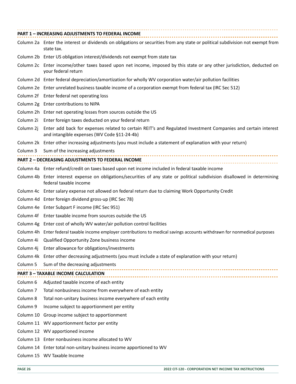 Instructions for Form CIT-120 West Virginia Corporation Net Income Tax Return - West Virginia, Page 26