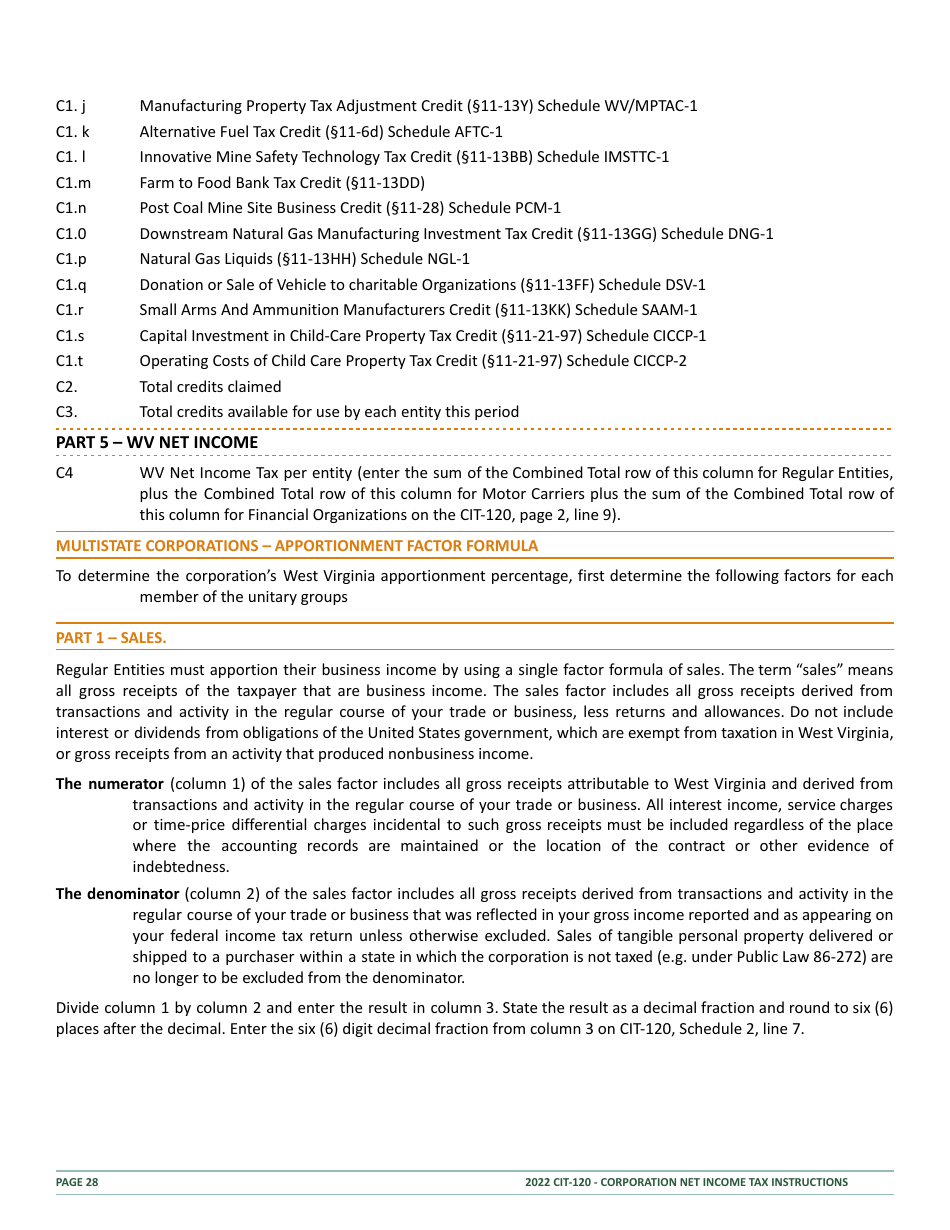 Download Instructions For Form Cit 120 West Virginia Corporation Net Income Tax Return Pdf 2022 3918