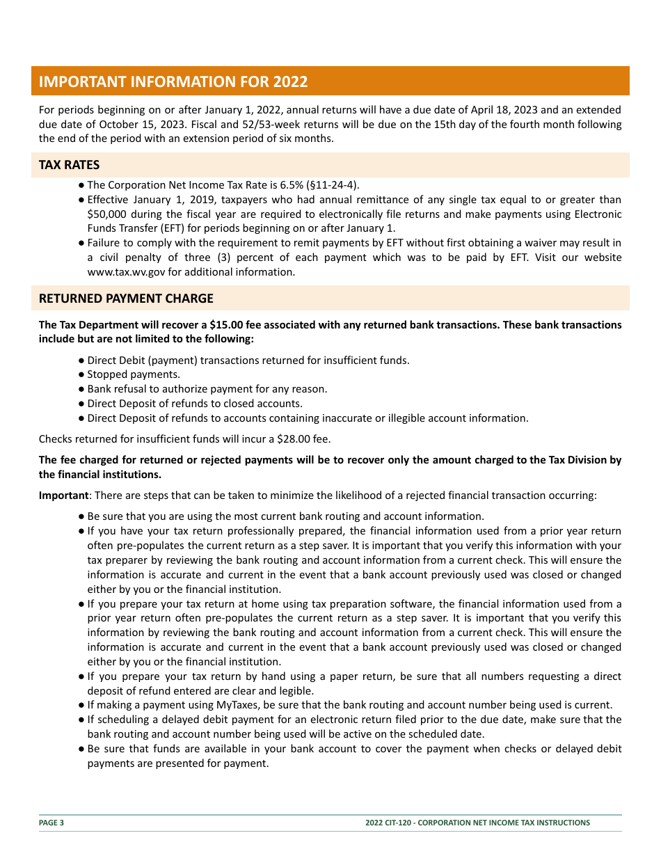 Instructions for Form CIT-120 West Virginia Corporation Net Income Tax Return - West Virginia, Page 3