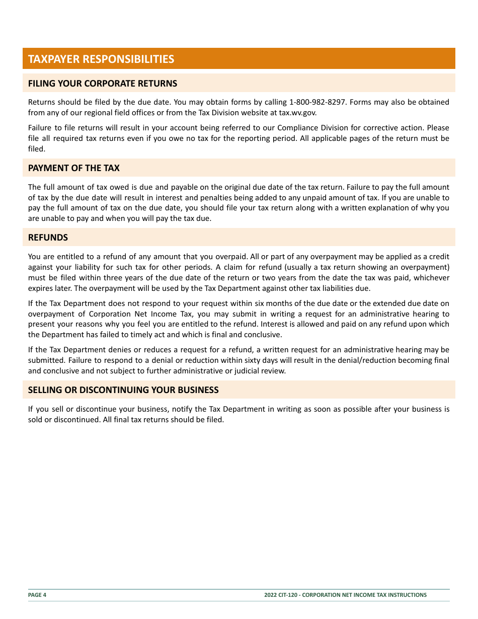 Instructions for Form CIT-120 West Virginia Corporation Net Income Tax Return - West Virginia, Page 4