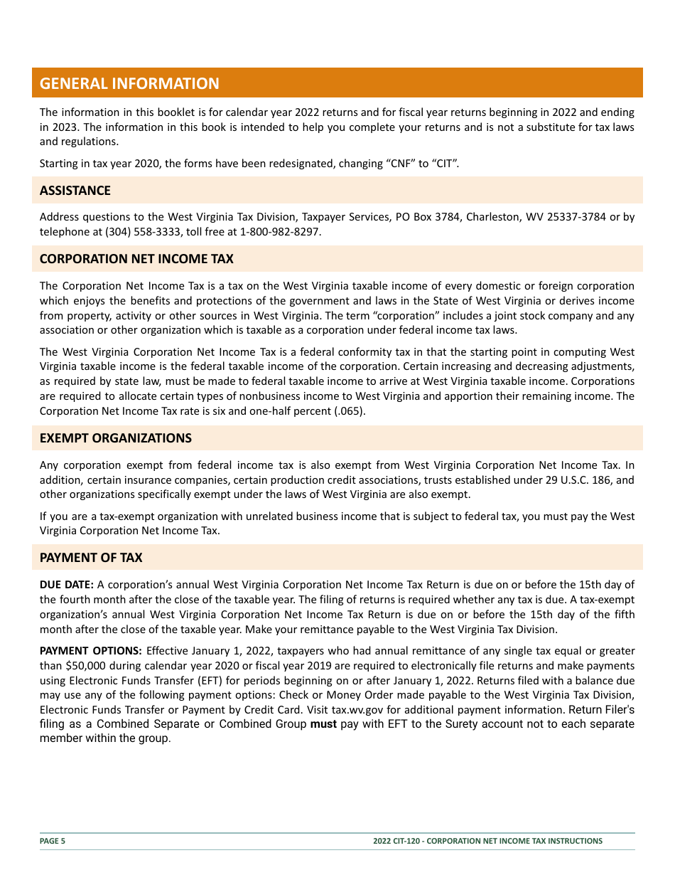 Instructions for Form CIT-120 West Virginia Corporation Net Income Tax Return - West Virginia, Page 5