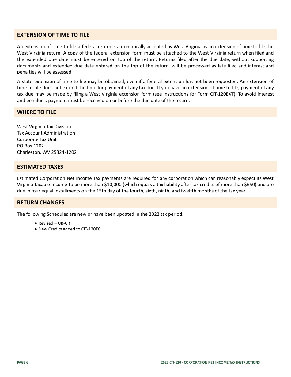 Instructions for Form CIT-120 West Virginia Corporation Net Income Tax Return - West Virginia, Page 6