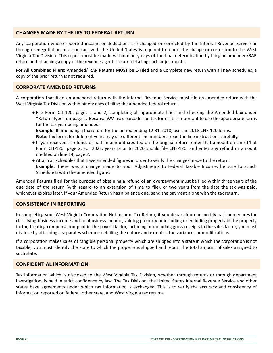 Instructions for Form CIT-120 West Virginia Corporation Net Income Tax Return - West Virginia, Page 9