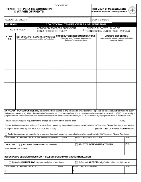 Tender of Plea or Admission & Waiver of Rights - City of Boston, Massachusetts Download Pdf