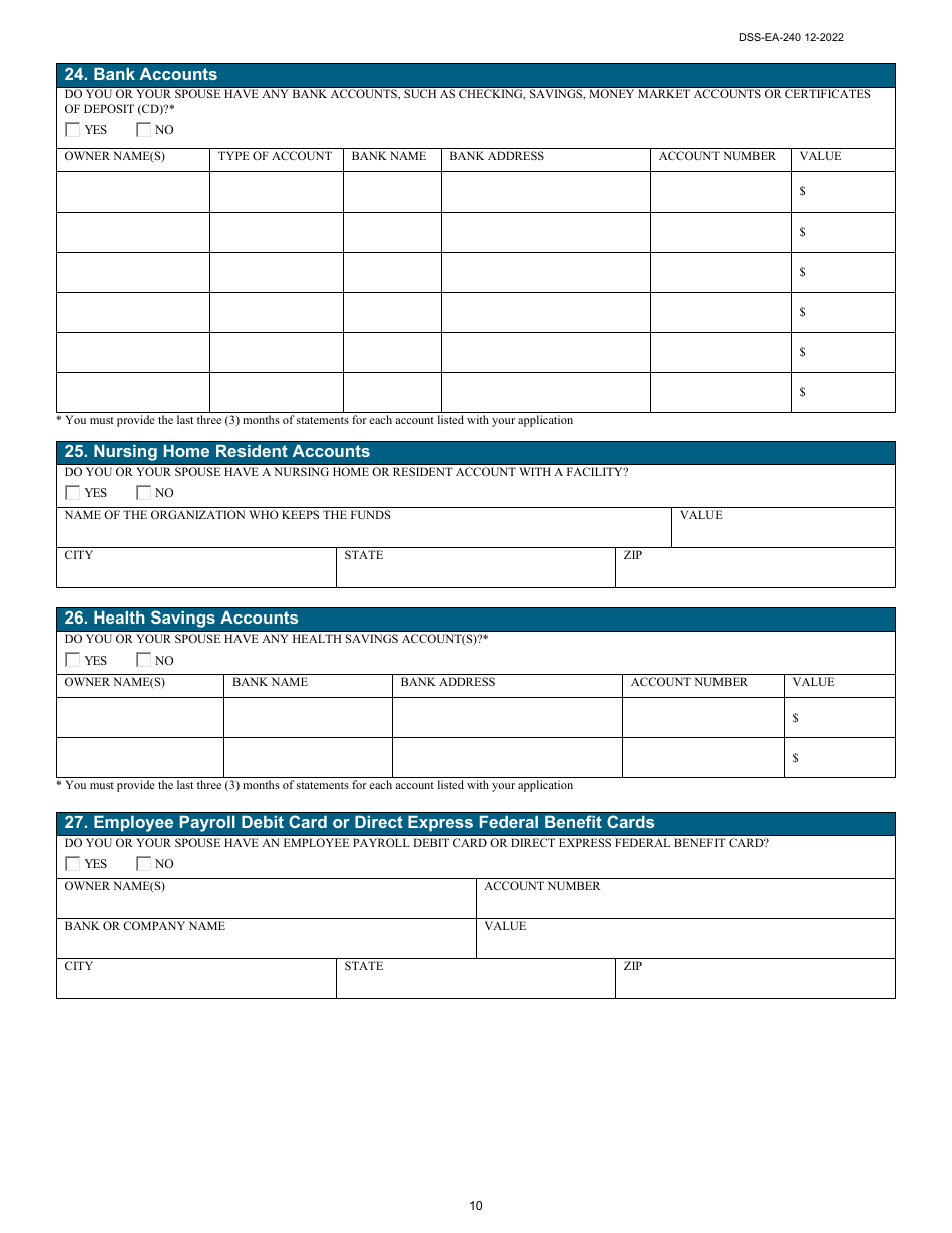 Form DSS-EA-240 Application for Resource Assessment, Long-Term Care, or Other Related Medical Assistance - South Dakota, Page 10
