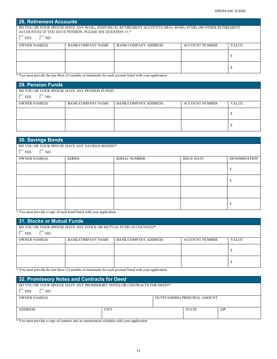 Form DSS-EA-240 Application for Resource Assessment, Long-Term Care, or Other Related Medical Assistance - South Dakota, Page 11
