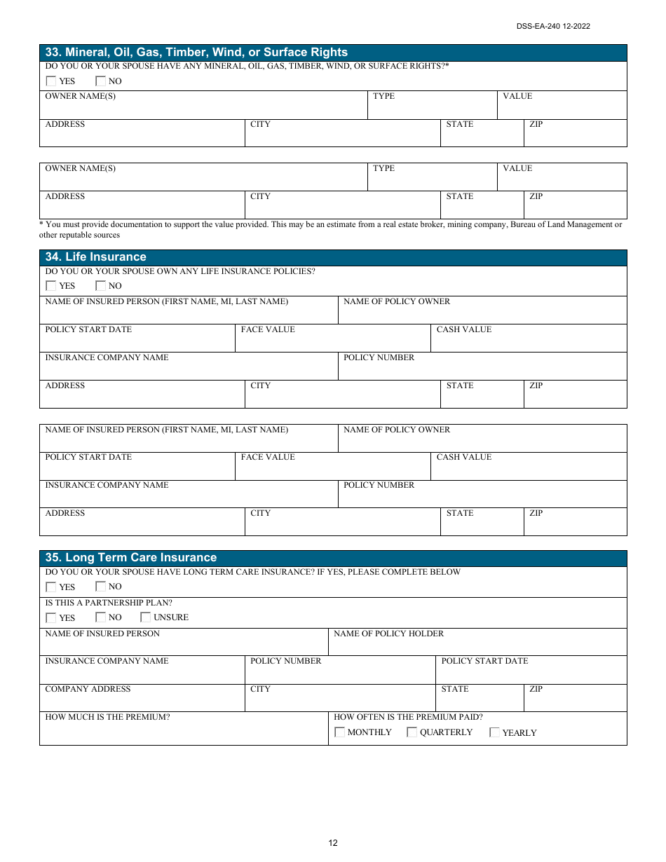 Form DSS-EA-240 Application for Resource Assessment, Long-Term Care, or Other Related Medical Assistance - South Dakota, Page 12