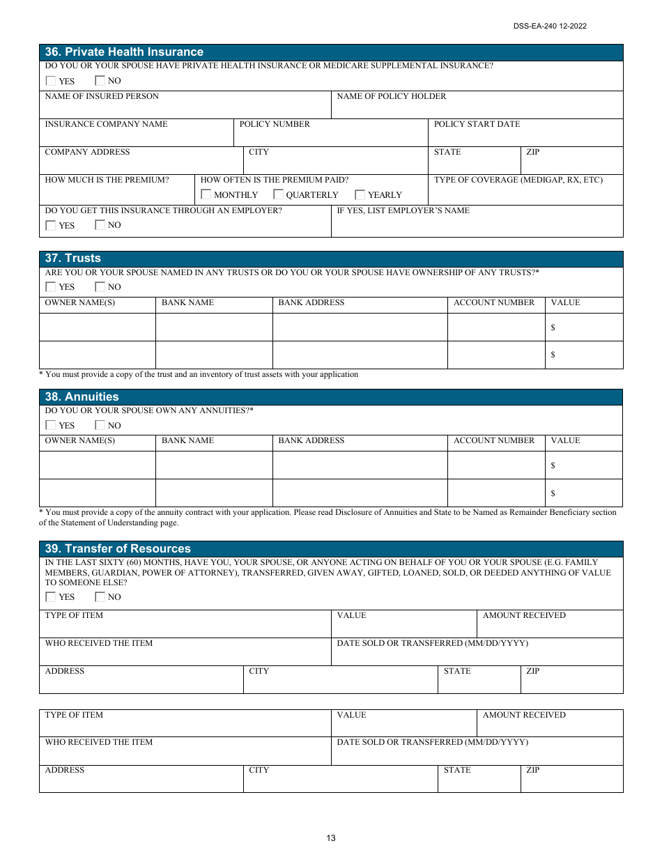 Form DSS-EA-240 Application for Resource Assessment, Long-Term Care, or Other Related Medical Assistance - South Dakota, Page 13