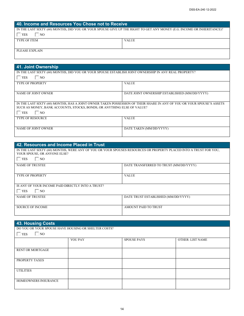 Form DSS-EA-240 Application for Resource Assessment, Long-Term Care, or Other Related Medical Assistance - South Dakota, Page 14