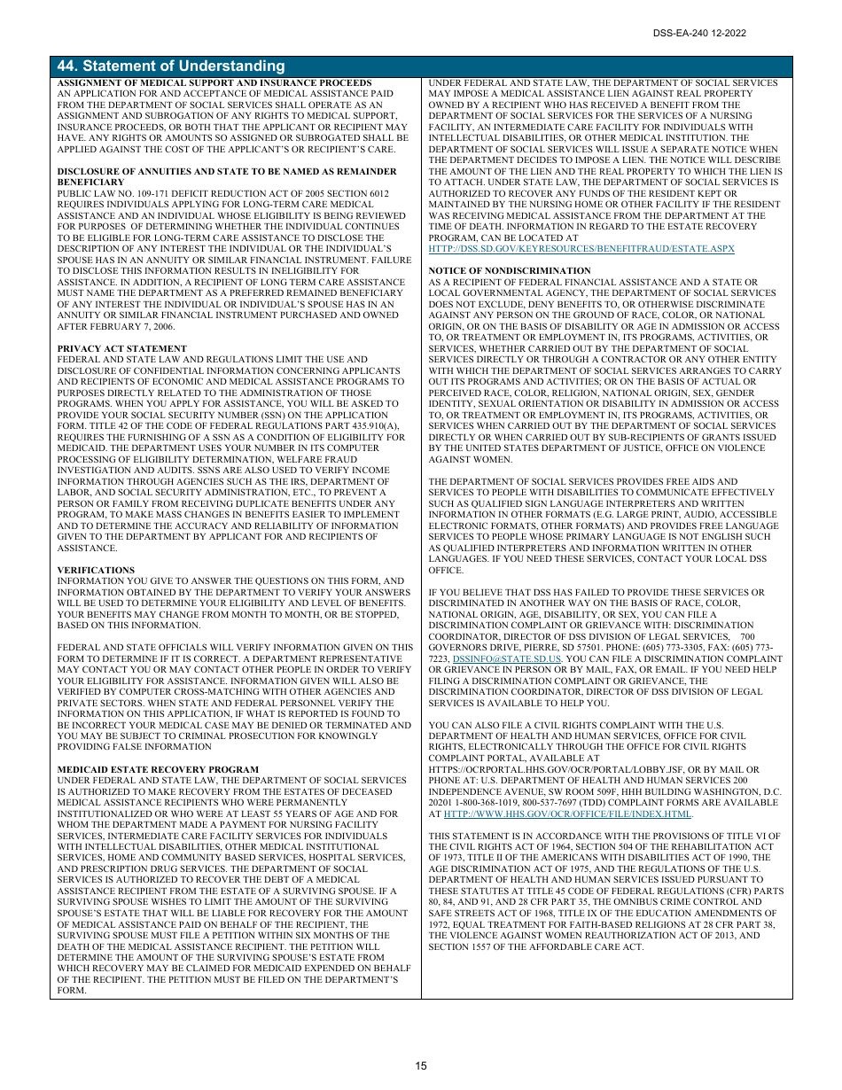 Form DSS-EA-240 Application for Resource Assessment, Long-Term Care, or Other Related Medical Assistance - South Dakota, Page 15