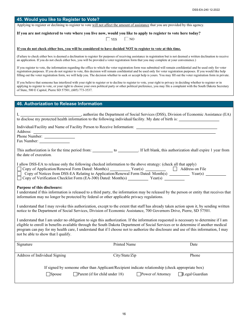 Form DSS-EA-240 Application for Resource Assessment, Long-Term Care, or Other Related Medical Assistance - South Dakota, Page 16