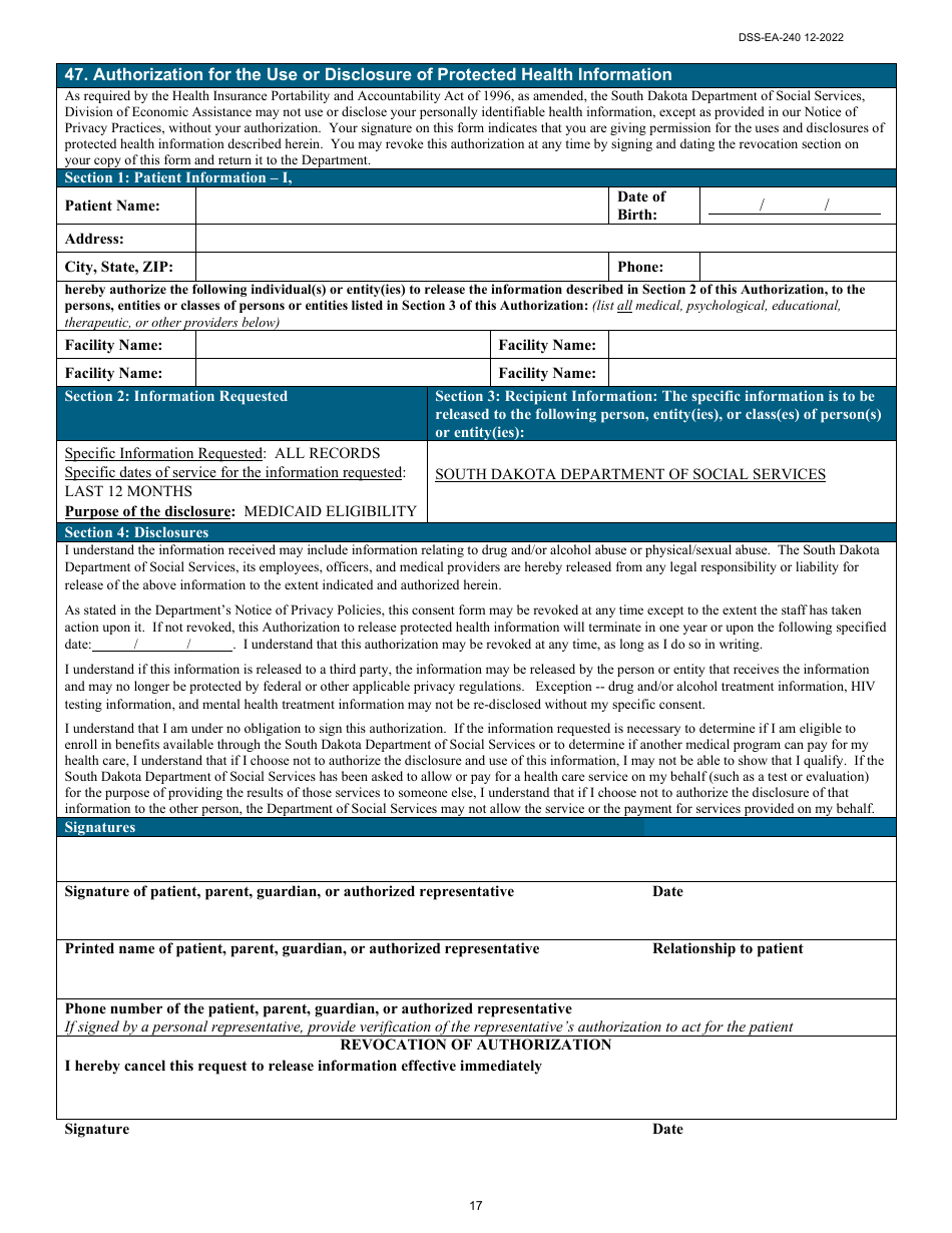 Form DSS-EA-240 Application for Resource Assessment, Long-Term Care, or Other Related Medical Assistance - South Dakota, Page 17