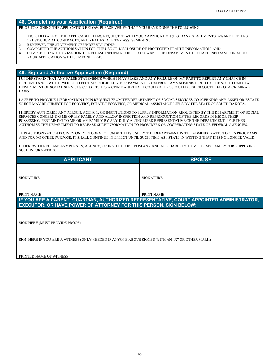 Form DSS-EA-240 Application for Resource Assessment, Long-Term Care, or Other Related Medical Assistance - South Dakota, Page 18