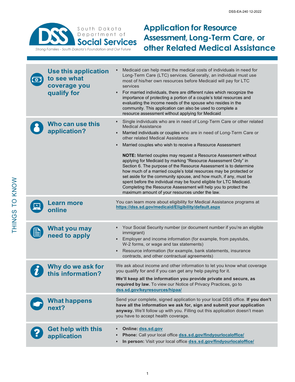 Form DSS-EA-240 Application for Resource Assessment, Long-Term Care, or Other Related Medical Assistance - South Dakota, Page 1