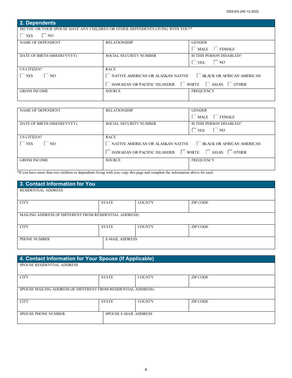 Form DSS-EA-240 Application for Resource Assessment, Long-Term Care, or Other Related Medical Assistance - South Dakota, Page 4