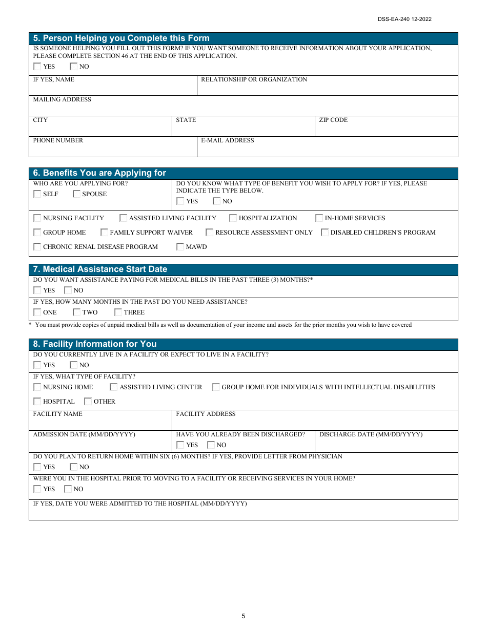 Form DSS-EA-240 Application for Resource Assessment, Long-Term Care, or Other Related Medical Assistance - South Dakota, Page 5