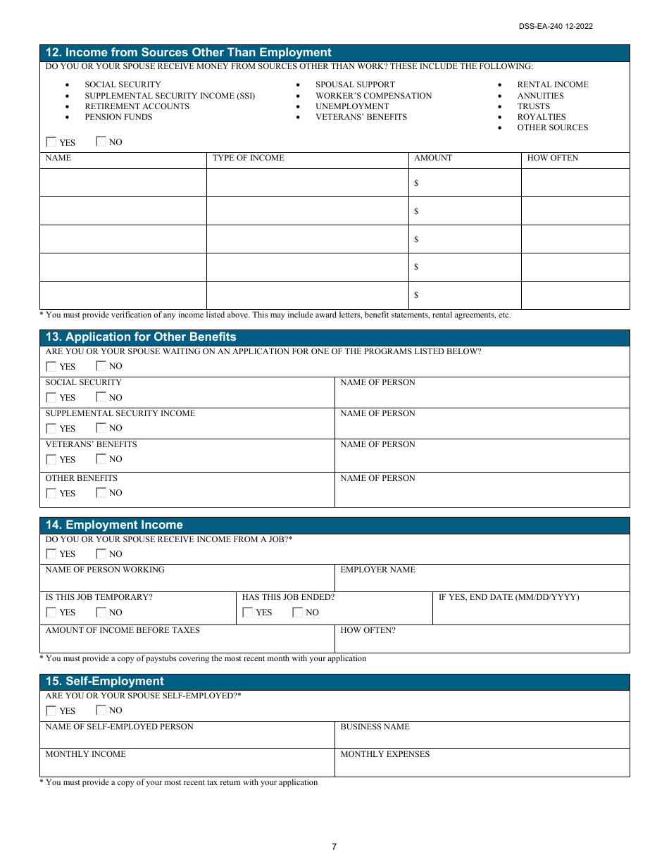 Form DSS-EA-240 Application for Resource Assessment, Long-Term Care, or Other Related Medical Assistance - South Dakota, Page 7