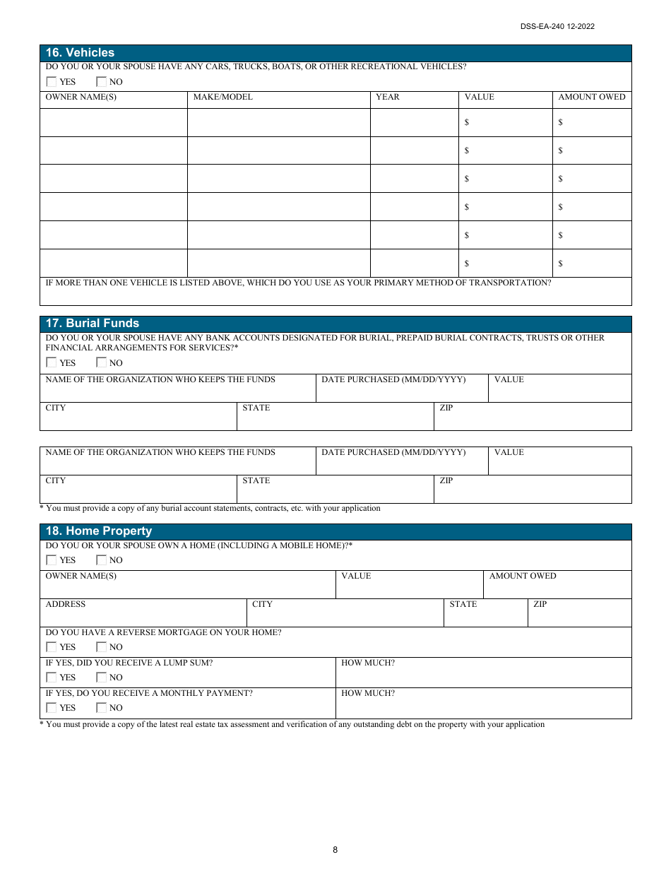 Form DSS-EA-240 Application for Resource Assessment, Long-Term Care, or Other Related Medical Assistance - South Dakota, Page 8