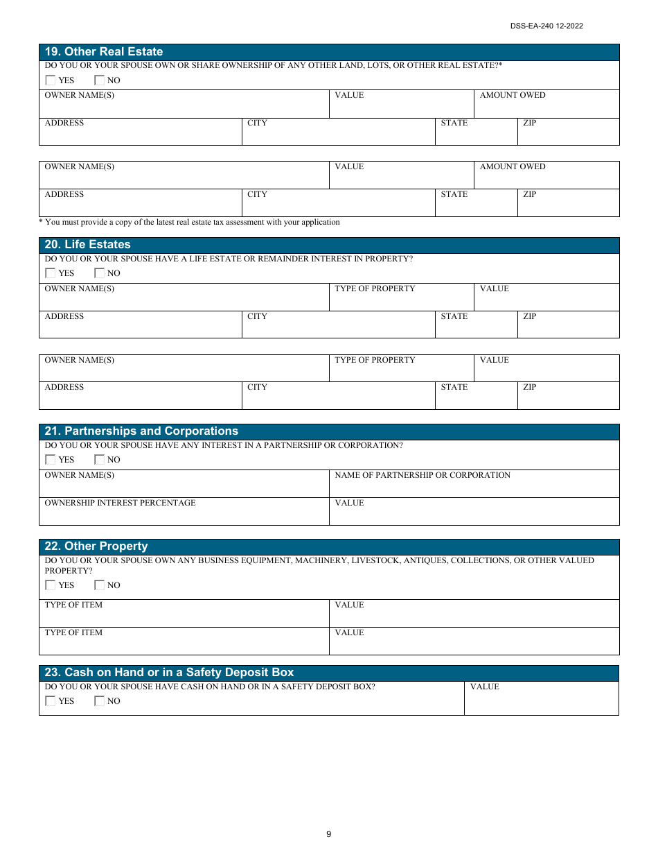 Form DSS-EA-240 Application for Resource Assessment, Long-Term Care, or Other Related Medical Assistance - South Dakota, Page 9