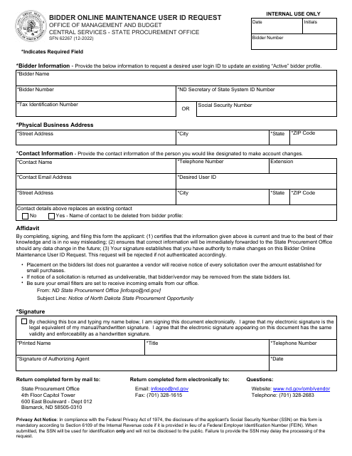 Form SFN62267 Bidder Online Maintenance User Id Request - North Dakota