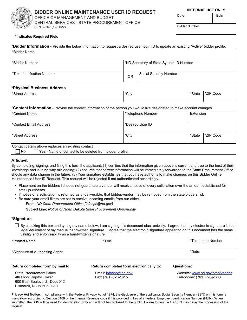 Form SFN62267 Bidder Online Maintenance User Id Request - North Dakota, Page 1