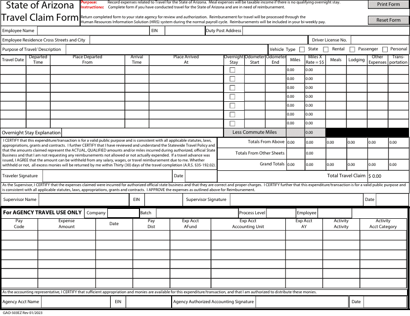 Form GAO-503EZ  Printable Pdf