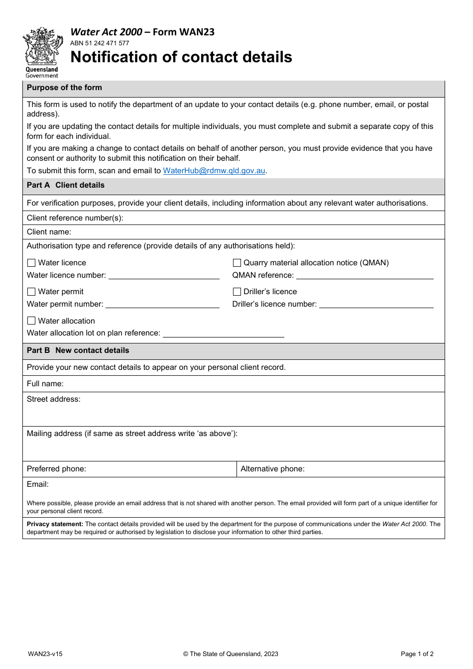 Form WAN23 Notification of Contact Details - Queensland, Australia, Page 1