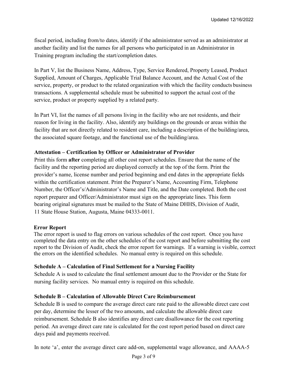Instructions for Mainecare Cost Report for Nursing Facilities (Single Level) - Maine, Page 3