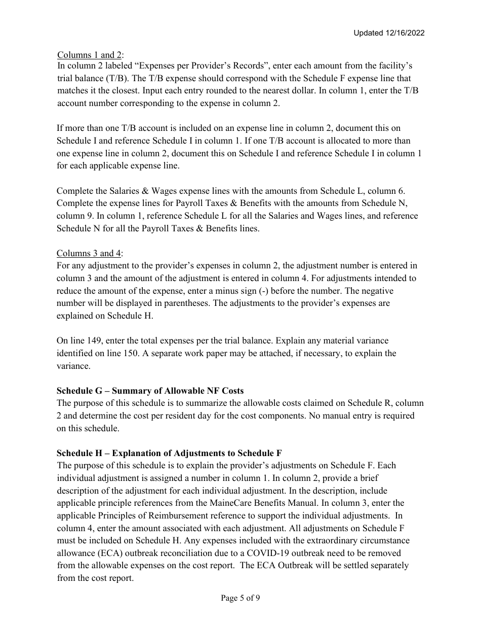 Instructions for Mainecare Cost Report for Nursing Facilities (Single Level) - Maine, Page 5