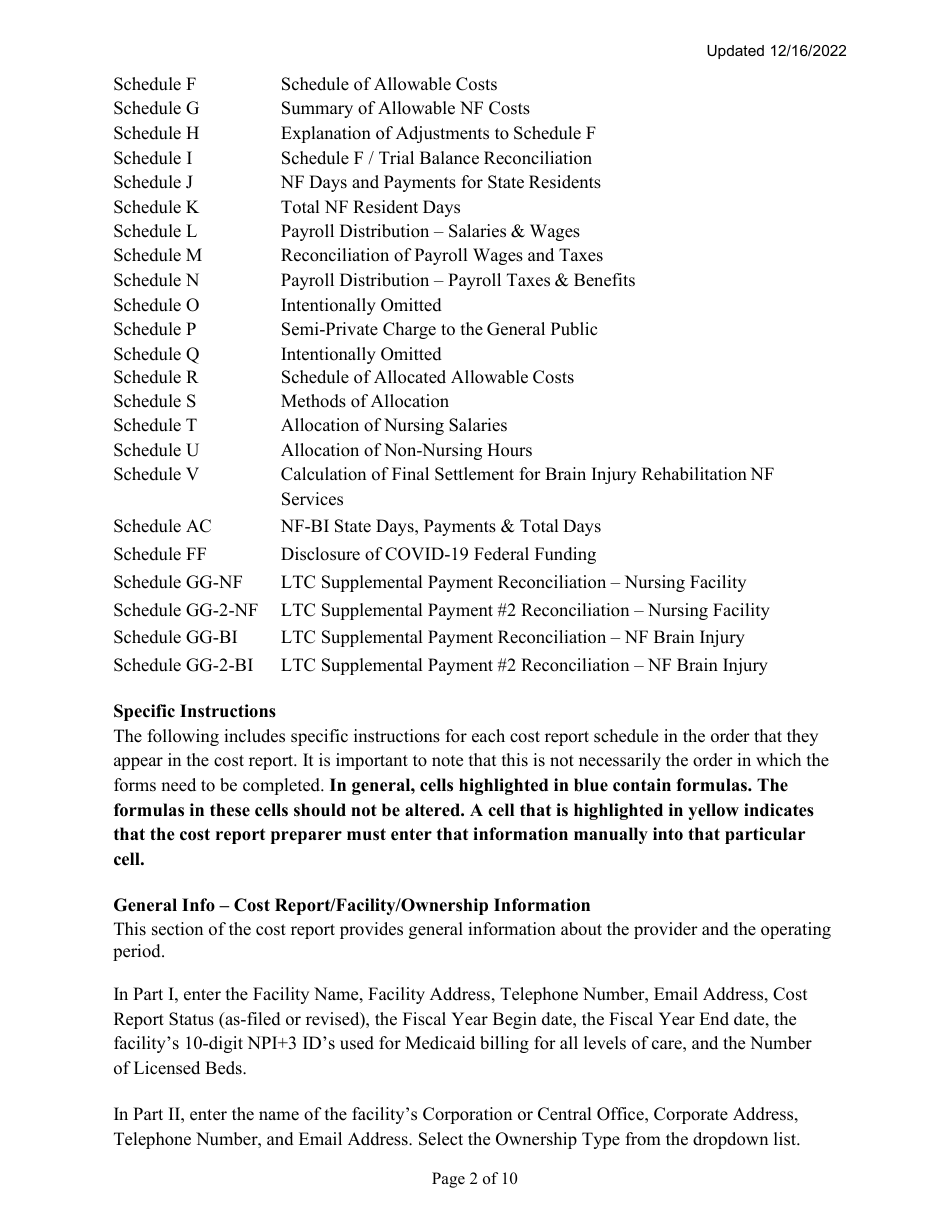 Instructions for Mainecare Cost Report for Nursing Care Facilities - Multi-Level With Brain Injury Unit - Maine, Page 2