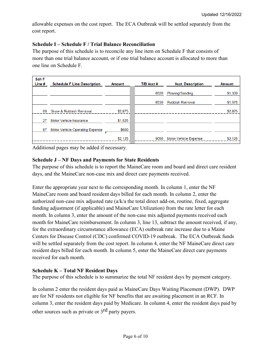 Instructions for Mainecare Cost Report for Nursing Care Facilities - Multi-Level With Brain Injury Unit - Maine, Page 6